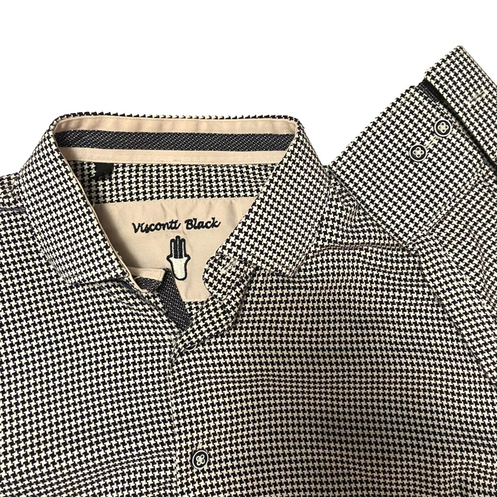 Visconti Black Mens Medium Black White Houndstooth Button Down Modern Preppy